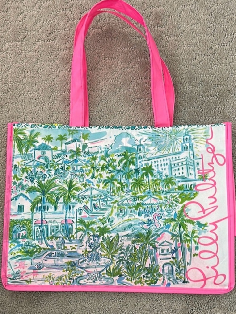 NWOT Lilly Pulitzer Palm Beach Print Pink reusable Shopping Tote Bag 15'x 11'x7"